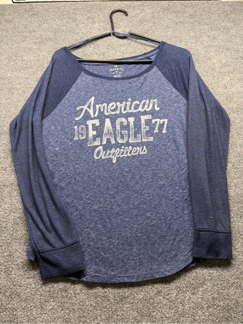 American Eagle Outfitters Blue Raglan Graphic Long Sleeve Top